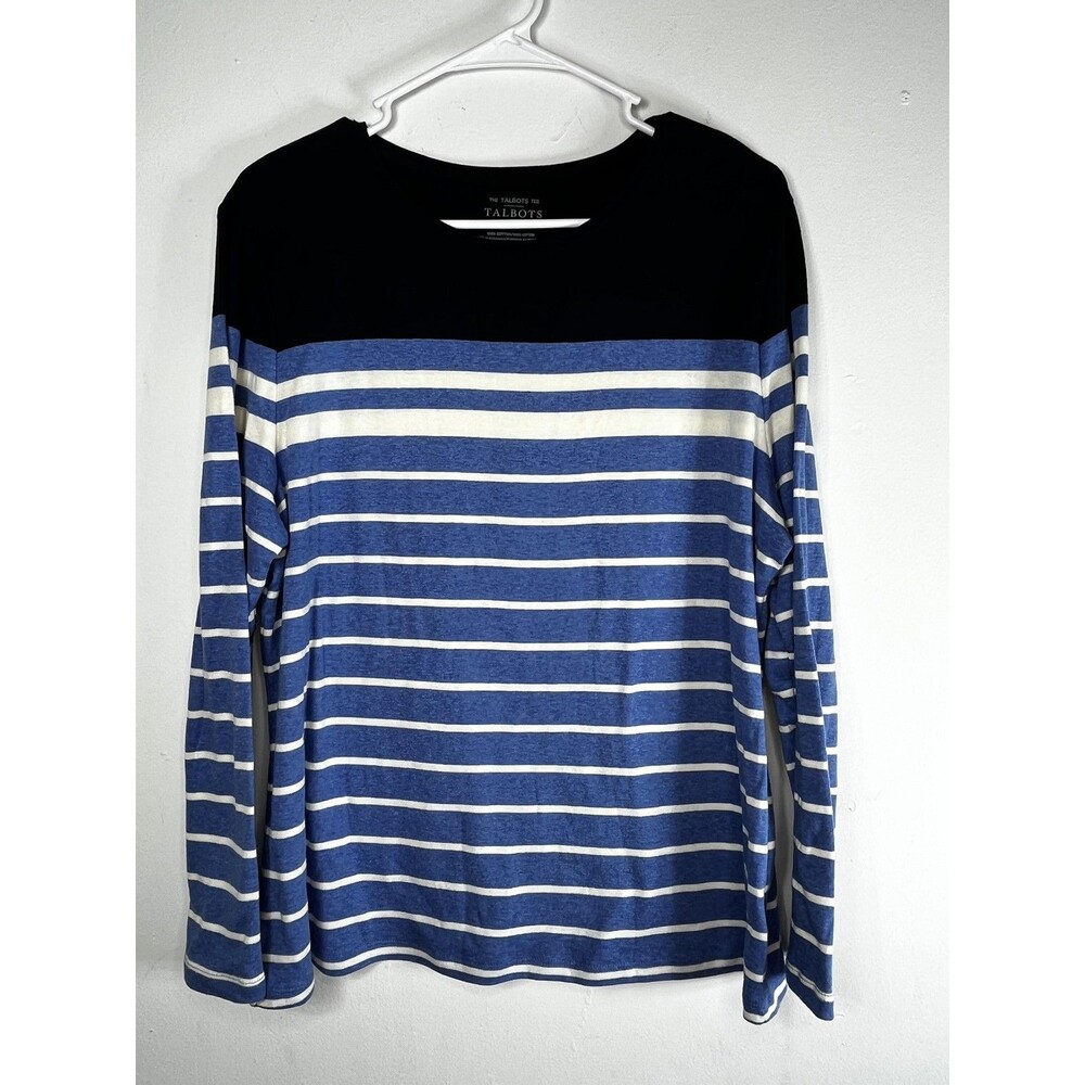 Talbots T-Shirt Womens XLP Petite Blue Stripe Crew Neck Long Sleeve Cotton Top